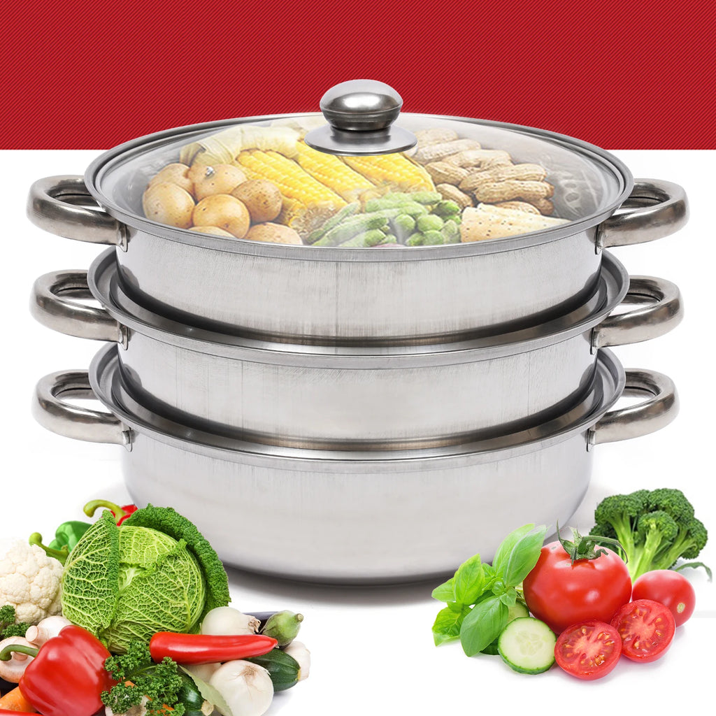 28cm 3 Tier Stainless Steel Steam Cooker And Steamer Pot For Vegetables And Seafood
