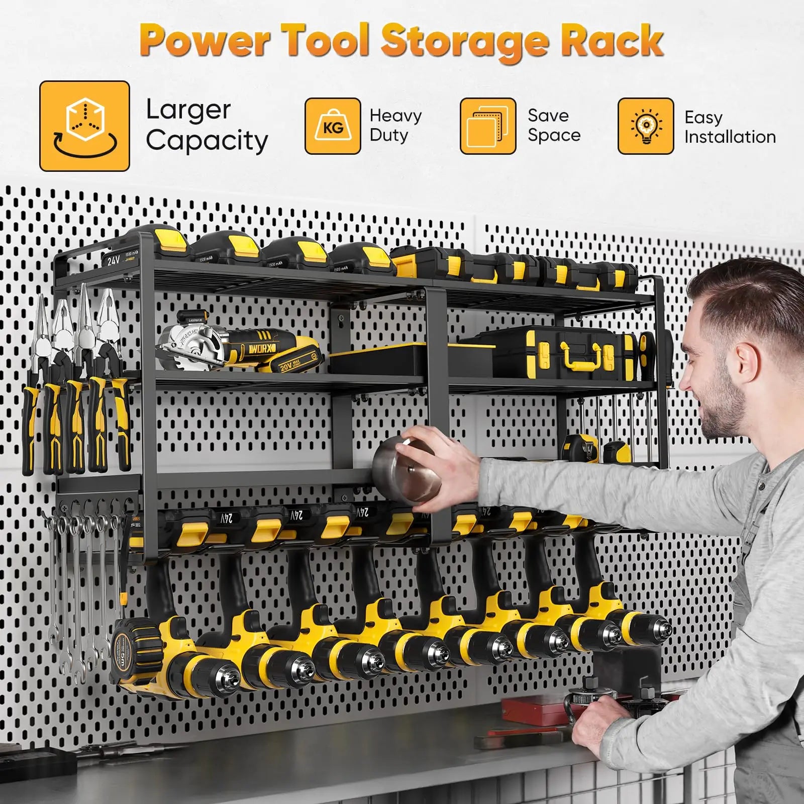PowerForge Four Tier Tool Organizer Wall Mount for Heavy Duty Drill Storage in Garage