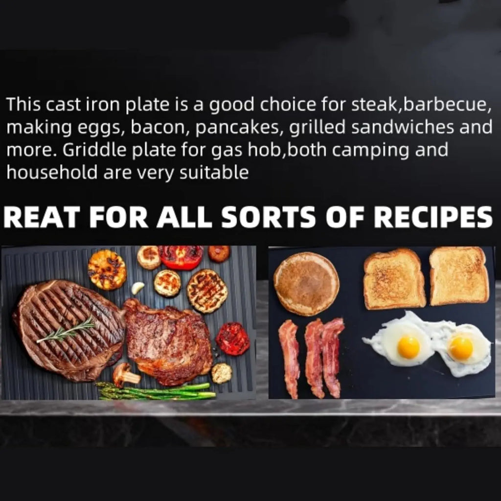 Double-Sided Cast Iron Griddle Pan With Ridged Grill Surface And Flat Baking Plate For Stovetop Cooking