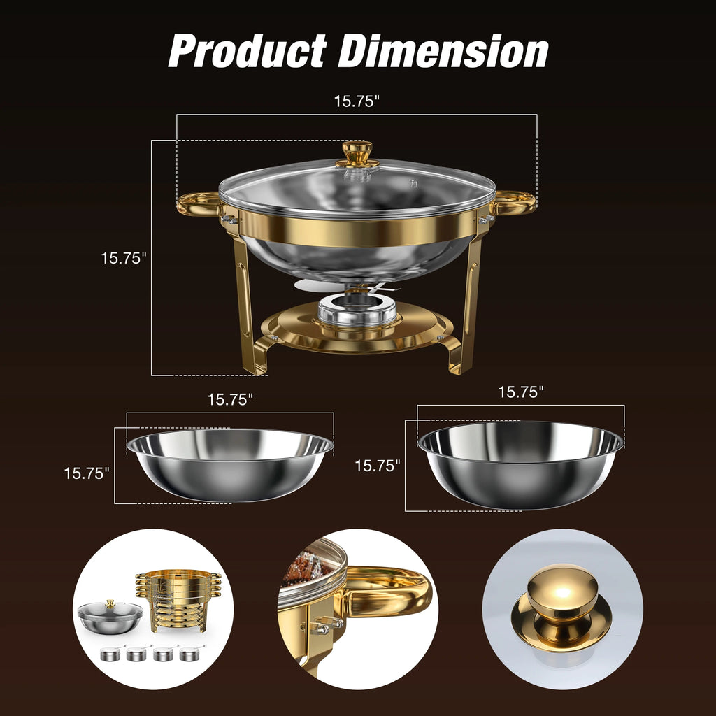 Gold Plated 5 Qt Round Stainless Steel Chafing Dish Set for Buffets and Parties, 2 or 4 Pack