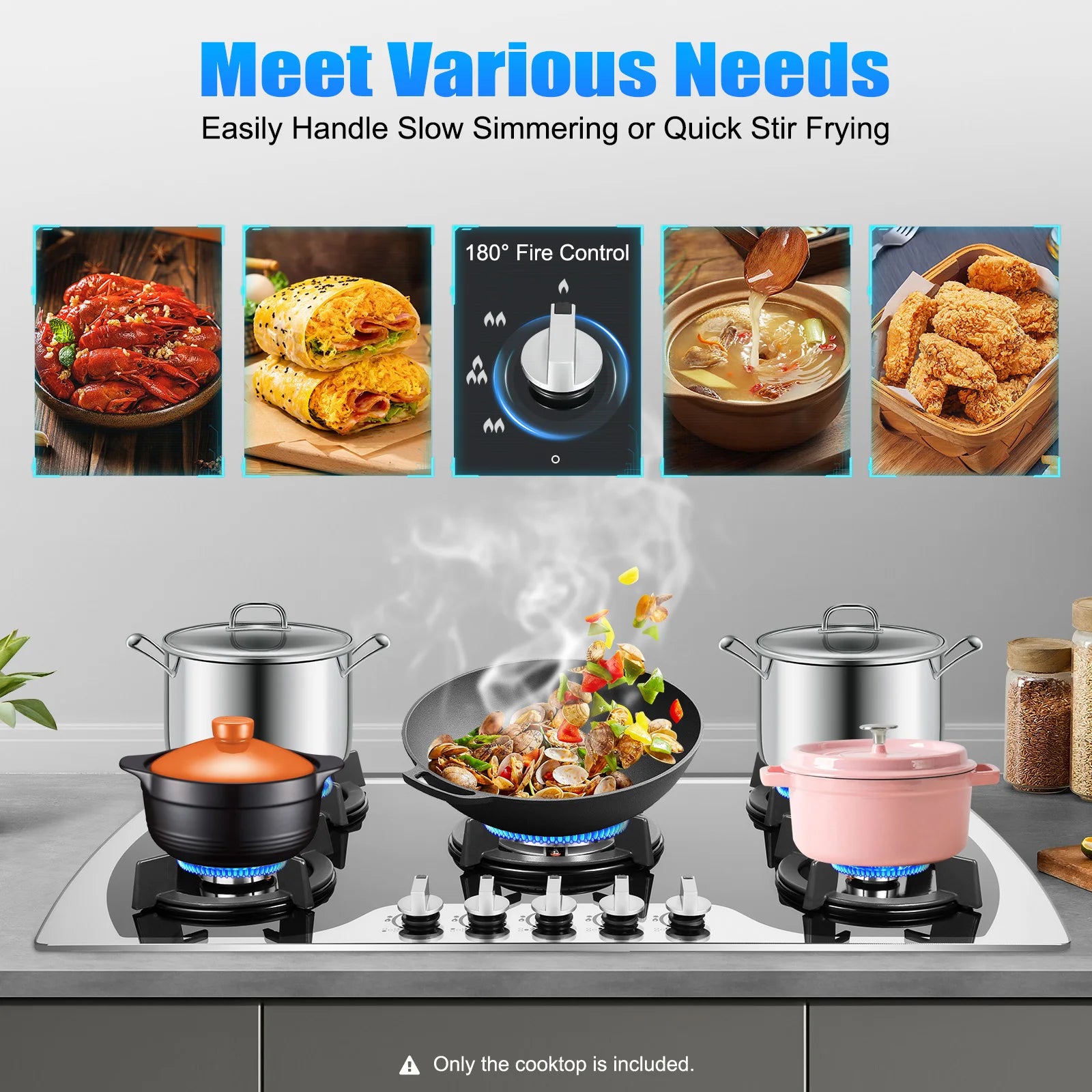 Five Burner Gas Cooktop With Wok Burner, Tempered Glass Surface, Electronic Ignition, Built In Or Countertop, Lpg Or Ng