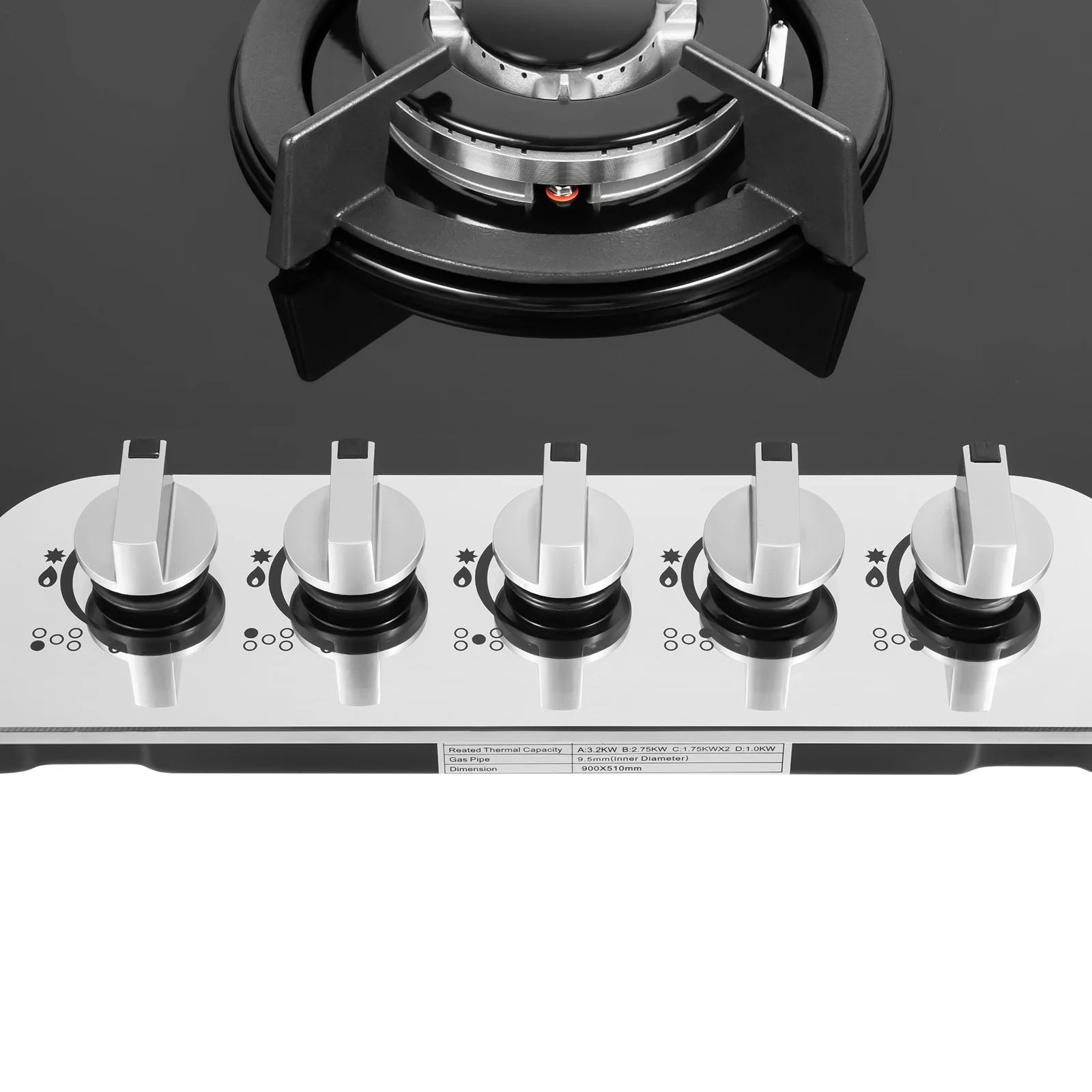 Five Burner Gas Cooktop With Wok Burner, Tempered Glass Surface, Electronic Ignition, Built In Or Countertop, Lpg Or Ng
