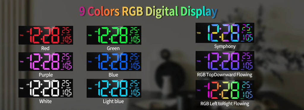 LumaTime 16 Inch Digital Wall Clock With Large Led Display Remote Control 8 Rgb Color Options Alarm Temperature