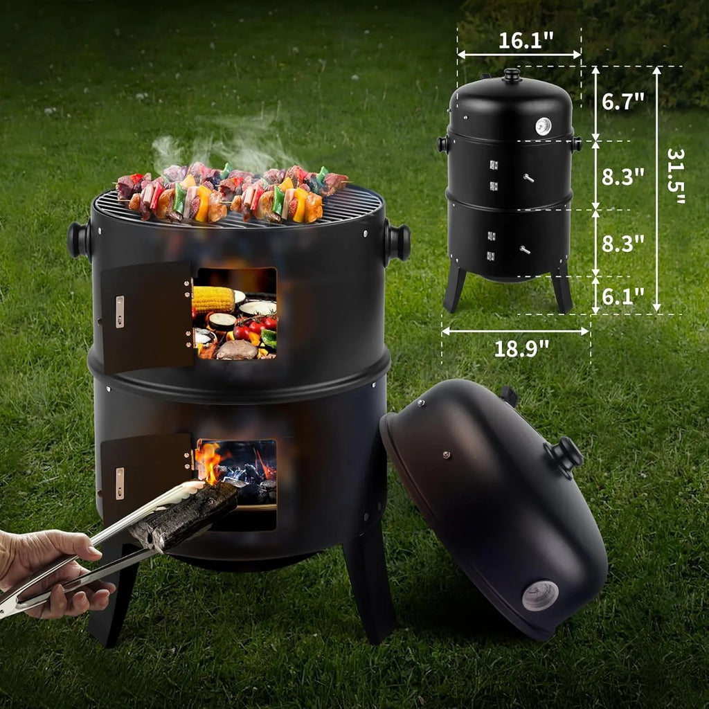 SummitFire 16 Inch Charcoal Barbecue Smoker Grill 3 In 1 Portable Vertical Cooker With Thermometers And Adjustable Vents