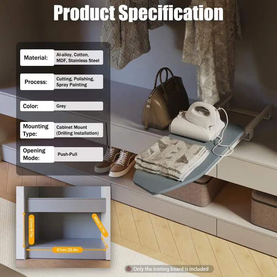 CozyHome Foldable Ironing Board With Cabinet Mount And Push Pull Sturdy Metal Frame, 80x29.5 cm, Gray