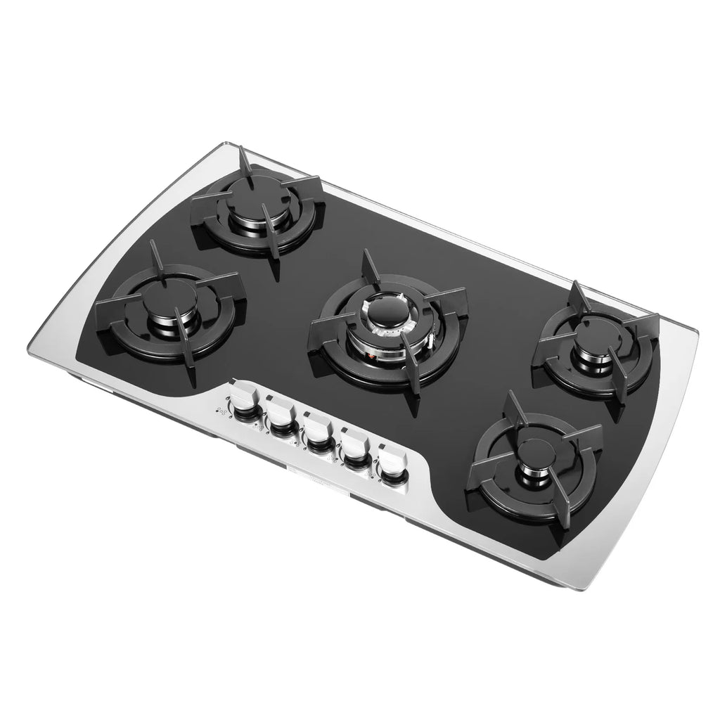 Five Burner Gas Cooktop With Wok Burner, Tempered Glass Surface, Electronic Ignition, Built In Or Countertop, Lpg Or Ng