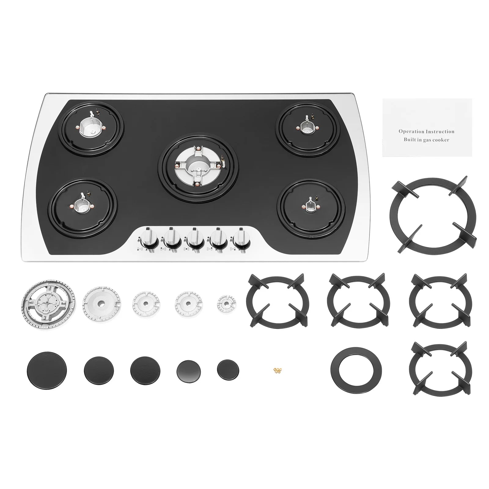 Five Burner Gas Cooktop With Wok Burner, Tempered Glass Surface, Electronic Ignition, Built In Or Countertop, Lpg Or Ng